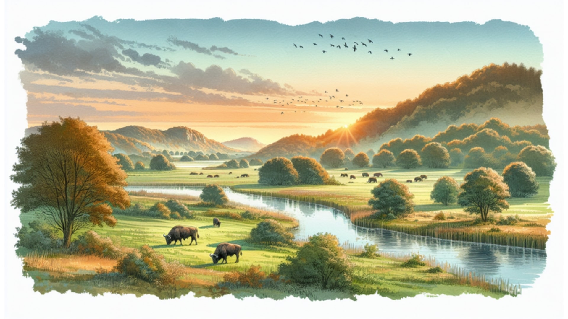 Landschaft des Aukrug Nature Parks mit Hügeln, Wäldern und einem Fluss im Sonnenuntergang, Aquarellformat.