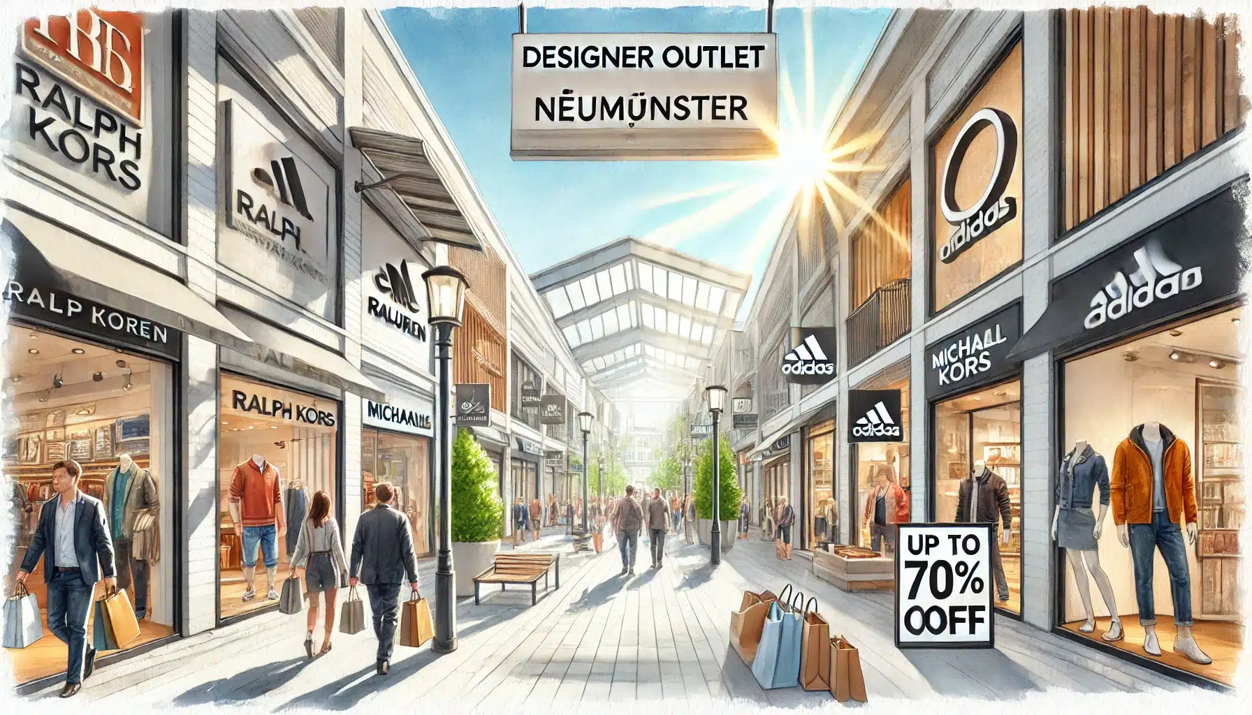 Geschäfte im Designer Outlet Neumünster mit Rabattschildern und Markennamen.