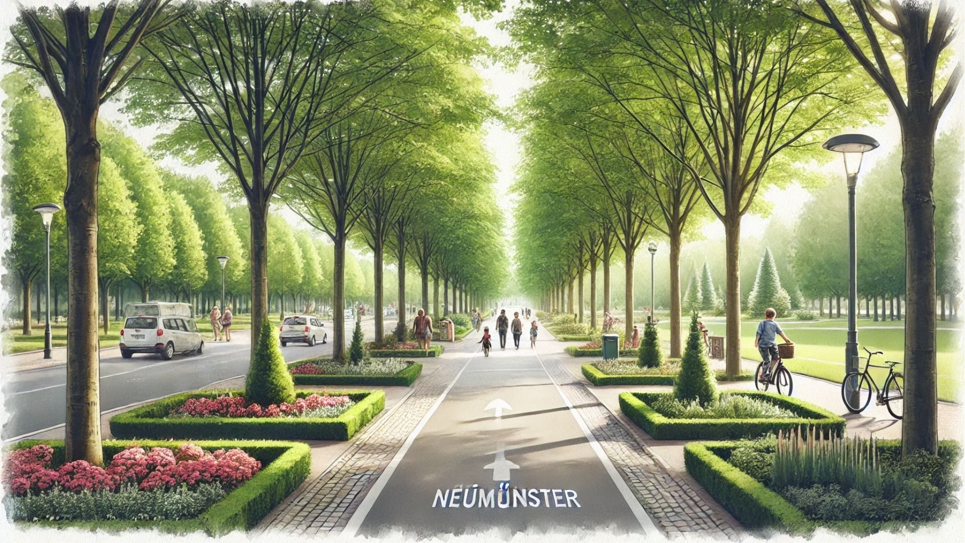 Eingangsbereich des Faldera-Parks in Neumünster mit grünen Bäumen und Spazierwegen.