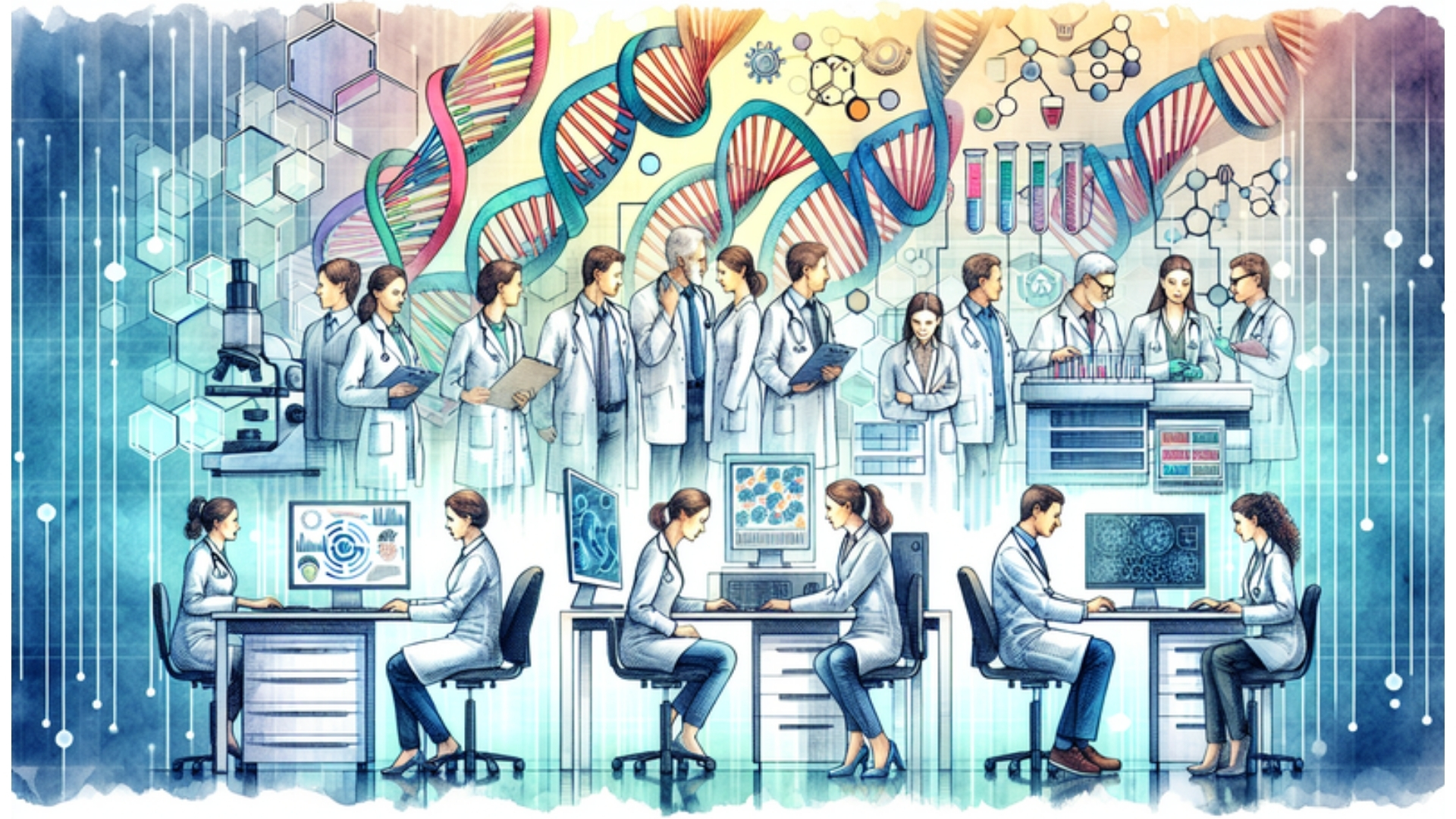 Modernes Forschungslabor in Neumünster, in dem Humangenetiker an DNA-Analysen arbeiten, dargestellt im Aquarellstil.