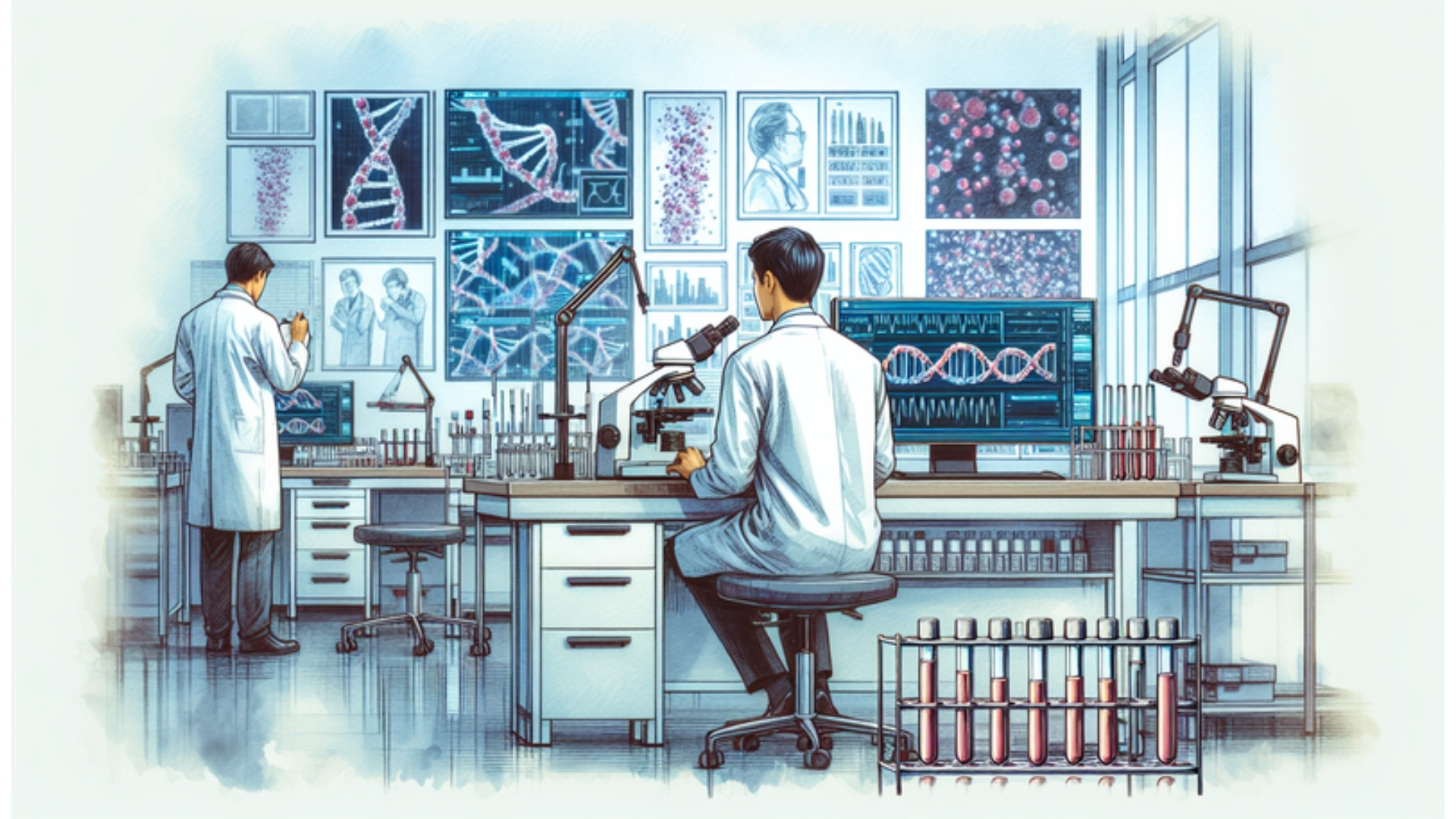 Hochspezialisierter Laboratoriumsmediziner analysiert Labordaten in einem modernen Labor in Neumünster, dargestellt in Aquarellstil.