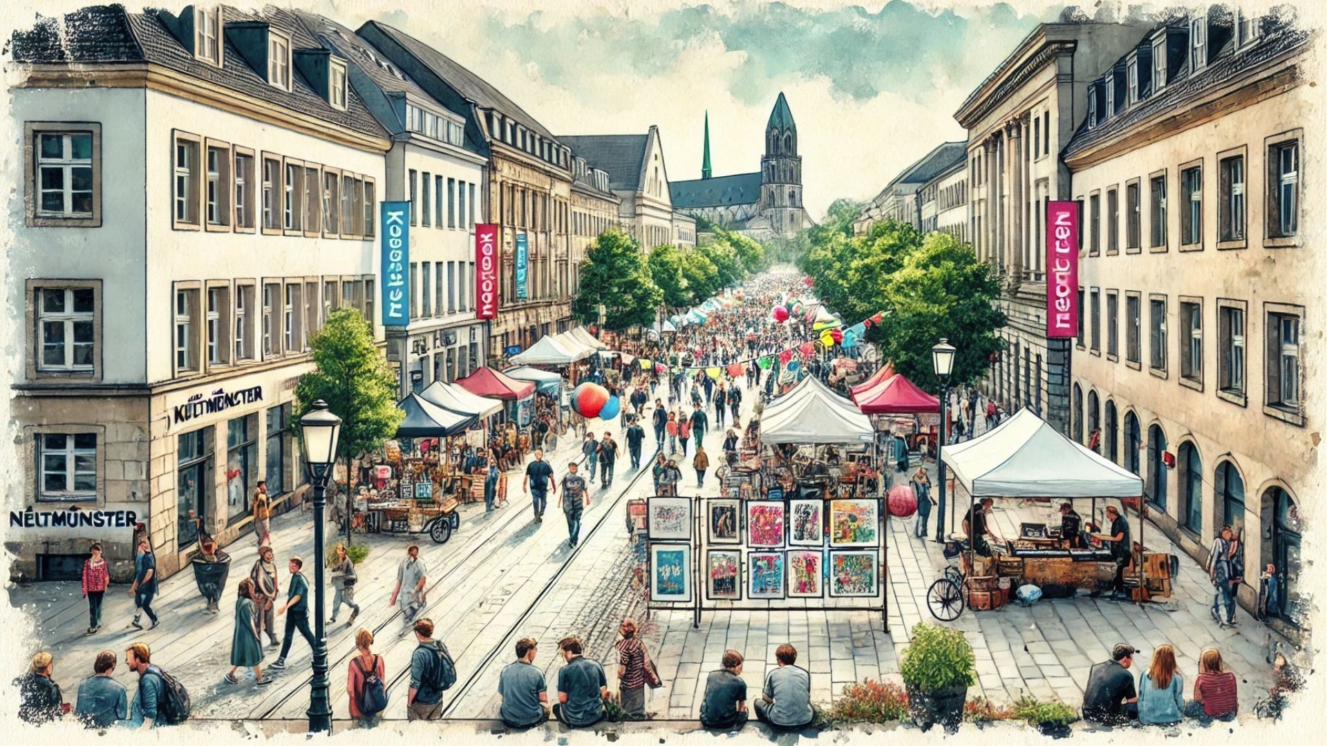 Aquarellbild von Neumünster während des Kunstflecken-Festivals, mit Straßenkunst und Festivalbesuchern.