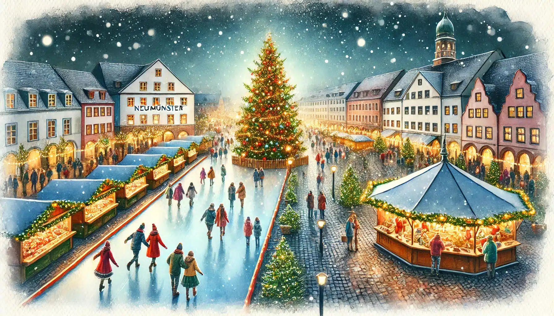 Weihnachtsmarkt auf dem Großflecken in Neumünster bei Nacht, mit Lichtern, Weihnachtsbaum und Kunsteisbahn.